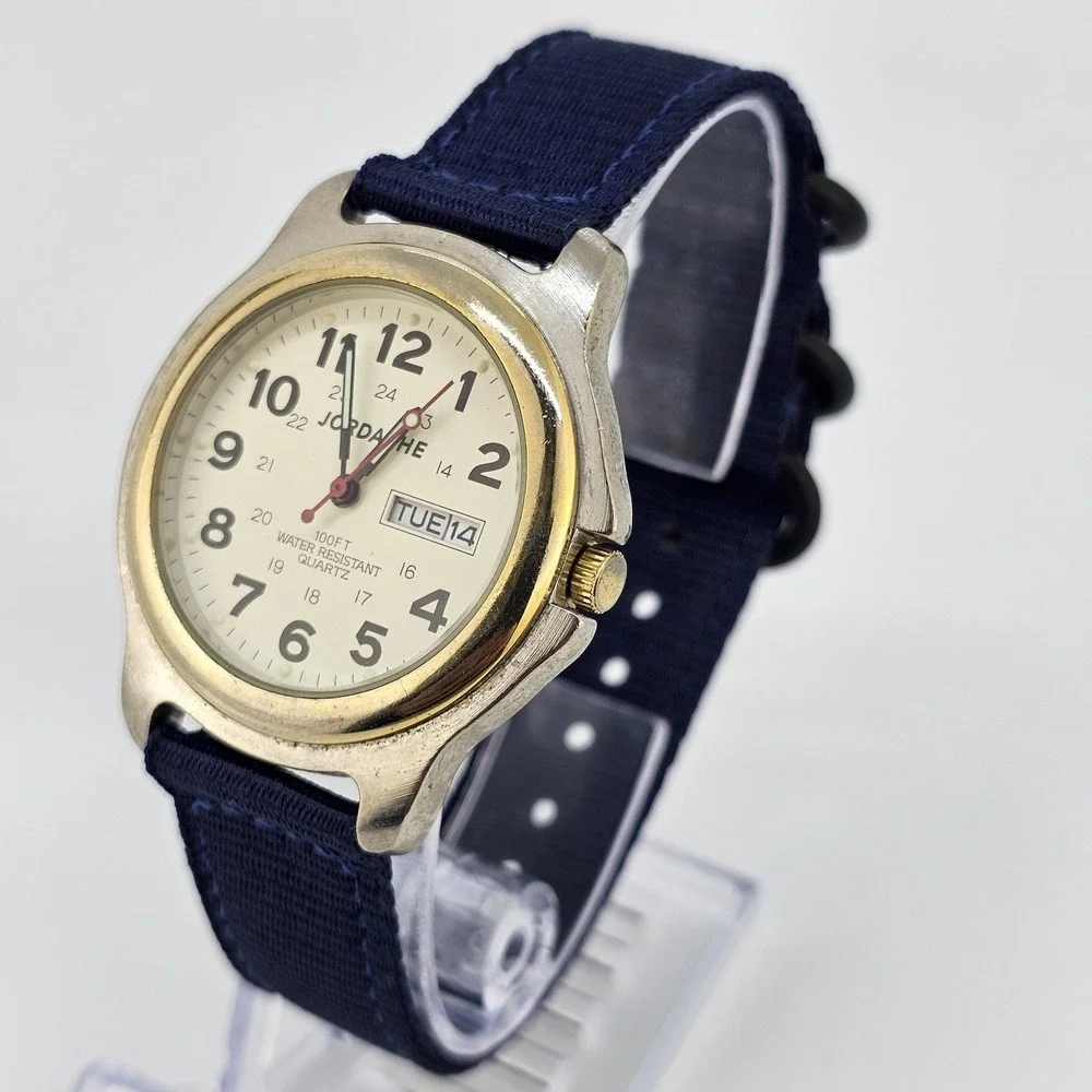 VTG Jordache Unisex‎ Watch 38MM Cream Dial DayDate NEW Blue Nylon Bands Battery